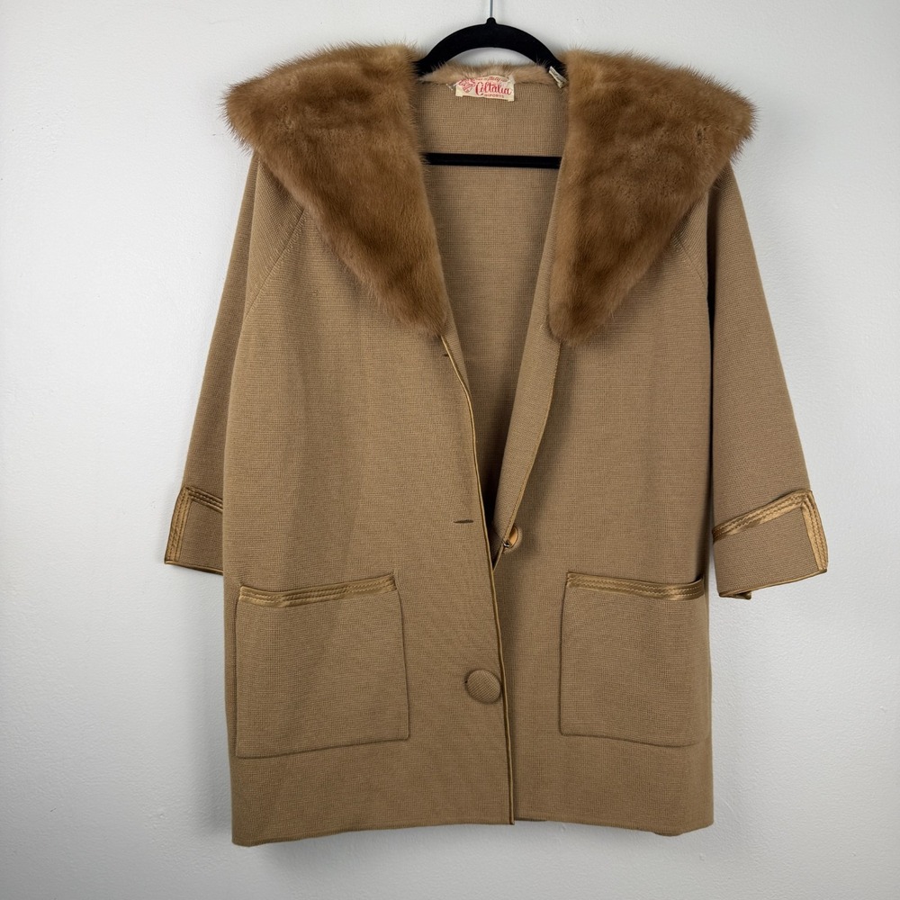 Vintage Coltalia Imports Cardigan Womens Large Tan Wool Long Sleeve Fur Collar